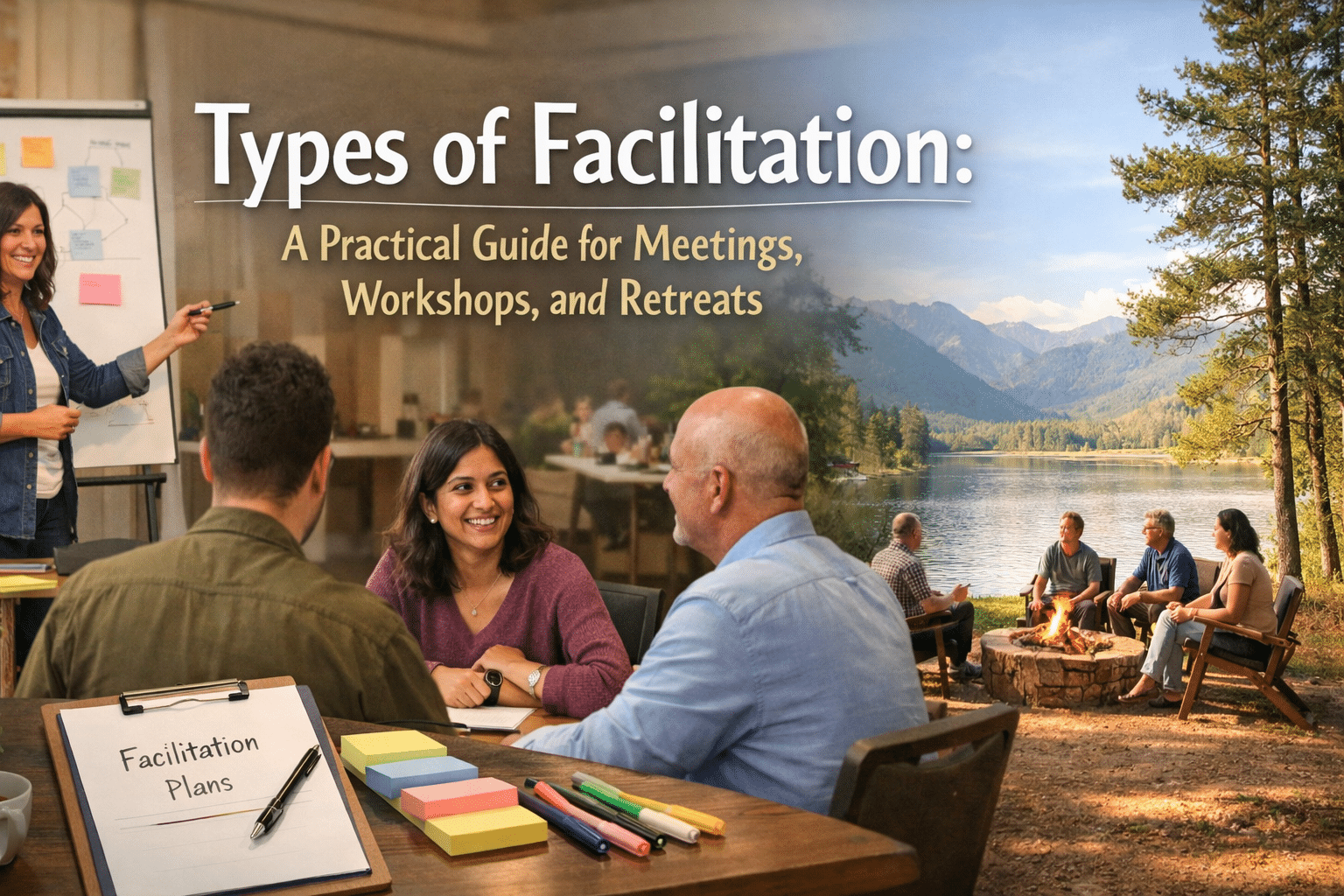 Facilitator guiding a collaborative meeting while another group participates in an outdoor retreat discussion by a lake, representing different types of facilitation