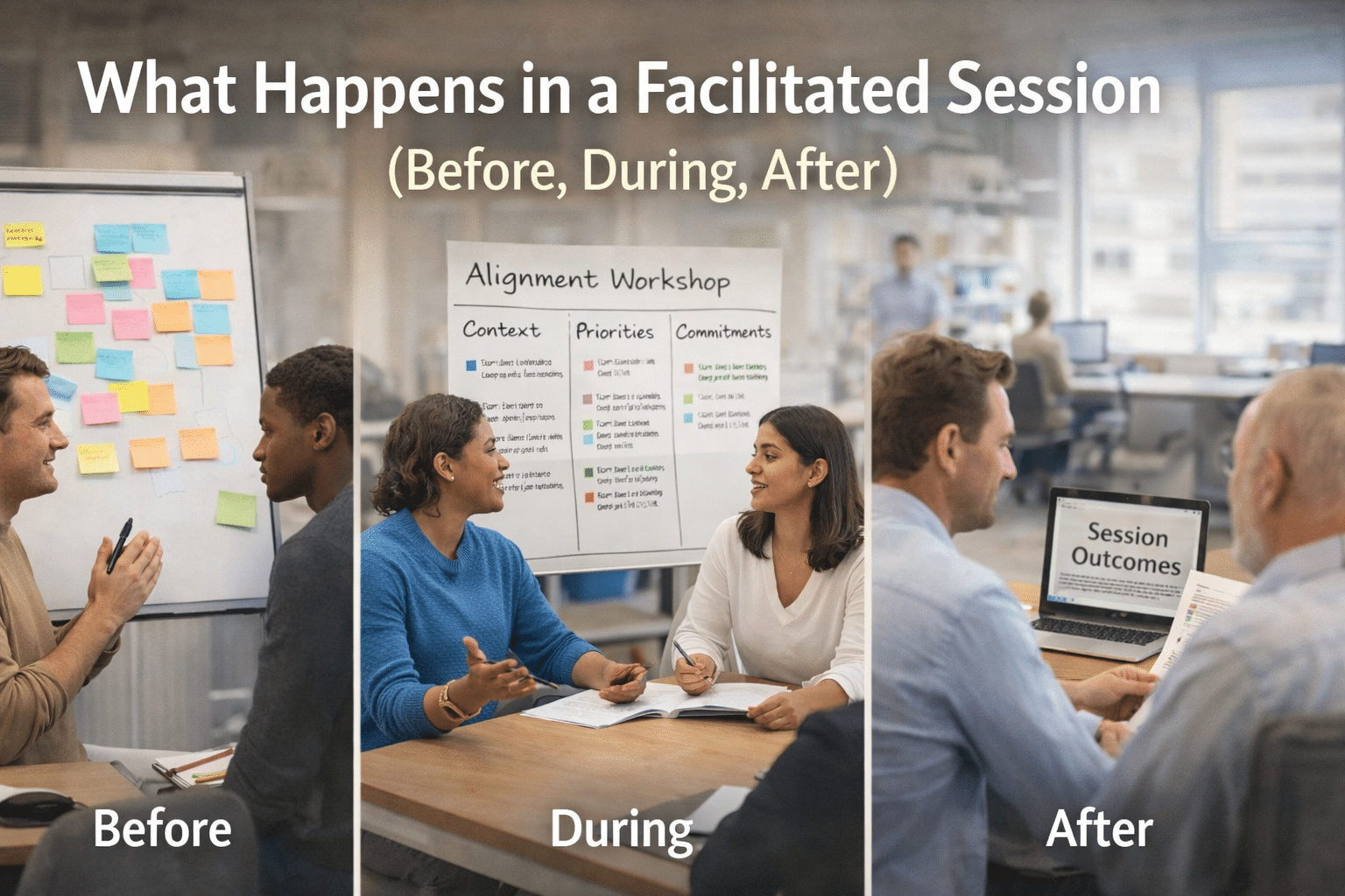 Facilitator guiding a team through a structured session focused on alignment, decision-making, and follow-through